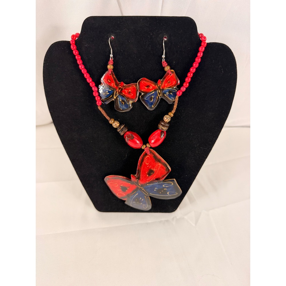 Unbranded Jewelry Set Red Blue Butterfly Artisan Wood Beaded Necklace Earrings